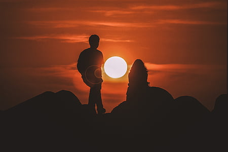 sunset, view, silhouette, people, couple, dating, man