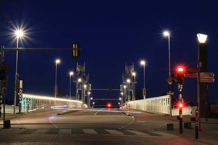 murstein, Bridge, byens lys, betong, kveld, motorvei, opplyst