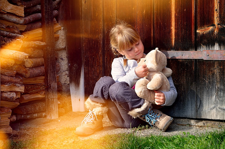 bambino, ragazza, Teddy bear, illuminazione, luce del sole, infanzia, carina