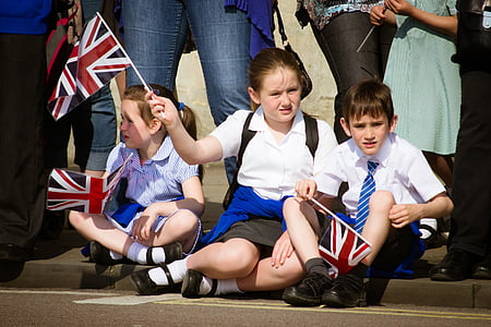 children, union jack, union flag, sitting, road, street, waving