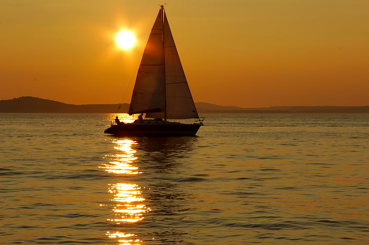 bateau à voile, coucher de soleil, mer, surface, réflexion, jaune, été