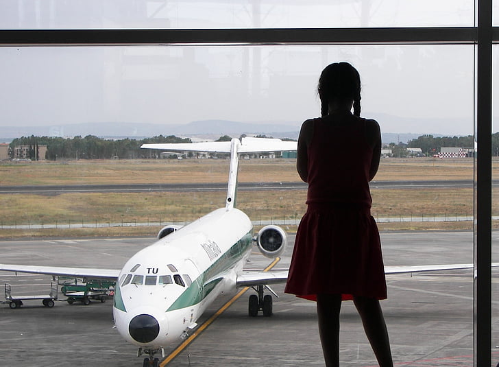 Момиче, семейна почивка, среща, самолет, летище, търговски самолет, въздух превозно средство