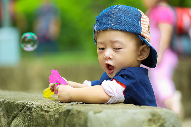 dítě, Kid, ku shin, v parku, hrát, mýdlové bubliny, vrtů