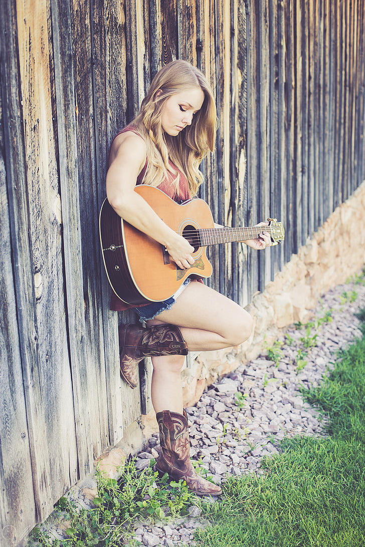 acoustic guitar, beautiful, cute, fashion, girl, grass, guitar