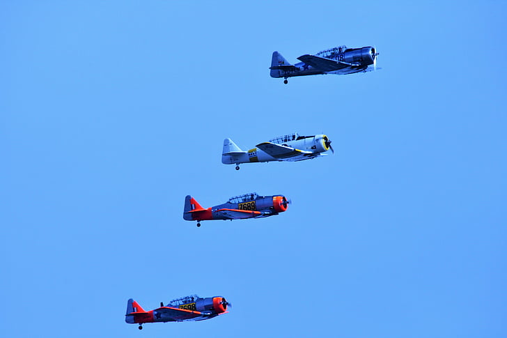 air show, aircraft, formation, aerobatic manoeuvres, american t-6, harvards, stacked