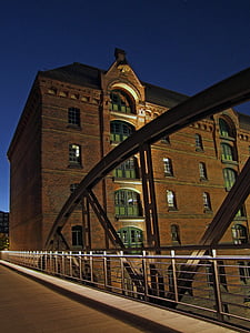 Hamburg, Most, Speicherstadt, budynek, Domy, Architektura, nocne zdjęcie