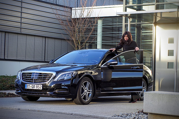 forretningskvinde, Mercedes, sort, skinnende, design, Auto, elegant