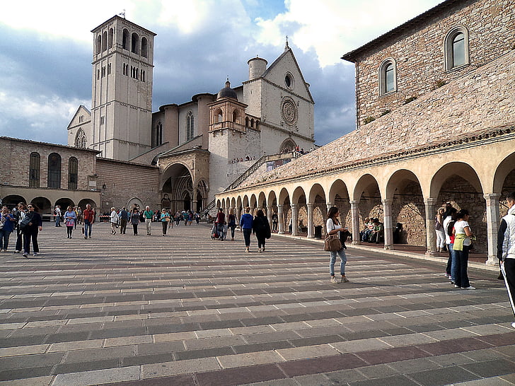 assisi, church, italy, architecture, tower, penthouse, people