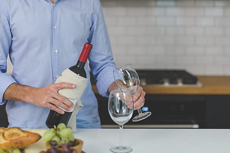 people, man, wine, serve, glass, table, drink