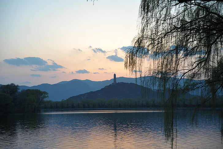 yuquan гора, Захід сонця, з видом на, Природа, озеро, дерево, краєвид
