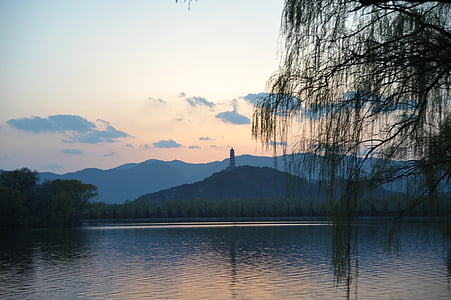 hegyi Yuquan, naplemente, kilátással a, természet, tó, fa, táj