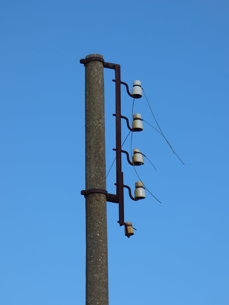 electric pole, power line, old, light cut, current, insulator, sky