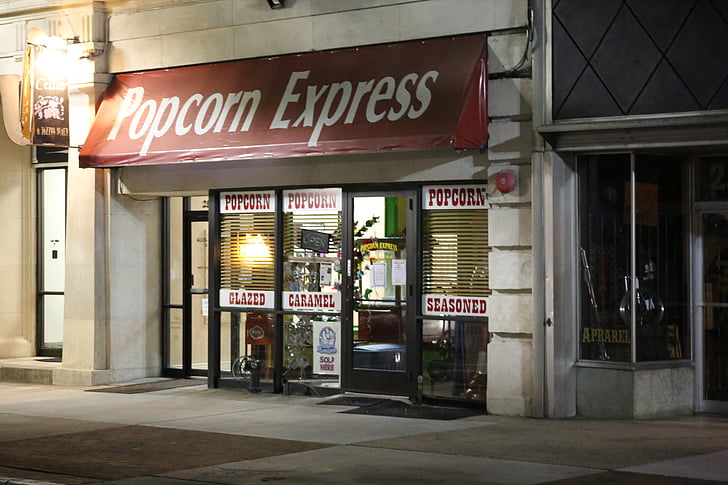 popcorn express, store, night, closed, popcorn, shop, america