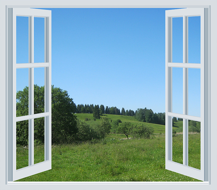 Prairie de montagne, ALM, fenêtre de, ouvrir, vue, large, vert