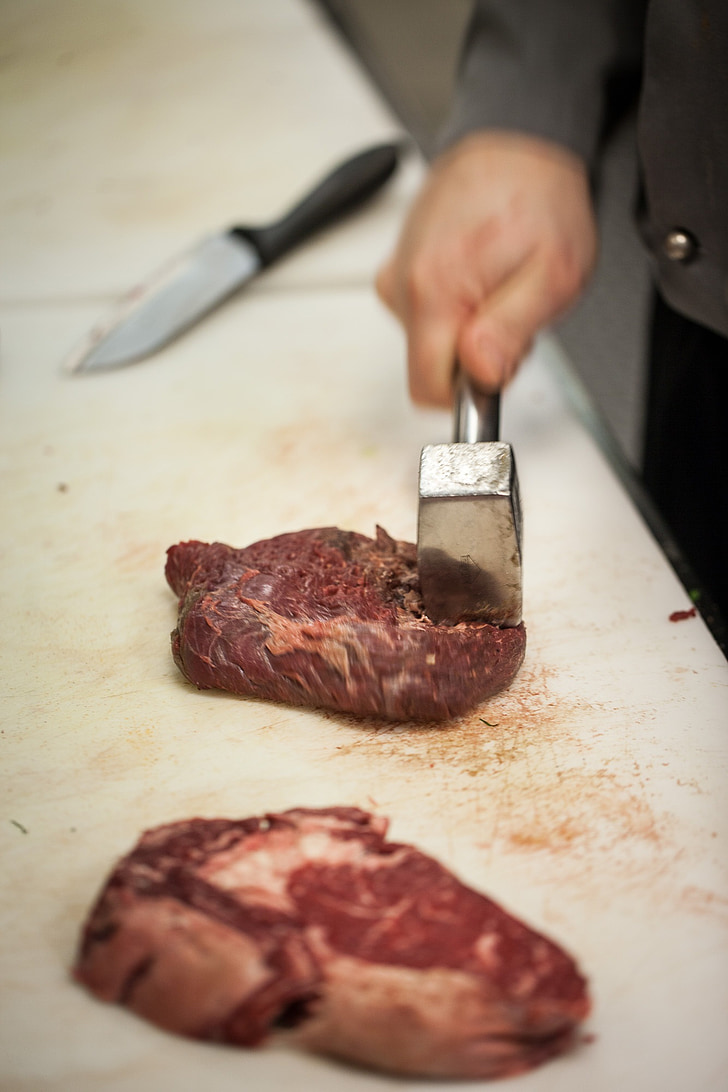 steak, Tekan, daging, mengalahkan daging, memasak, dapur, daging palu