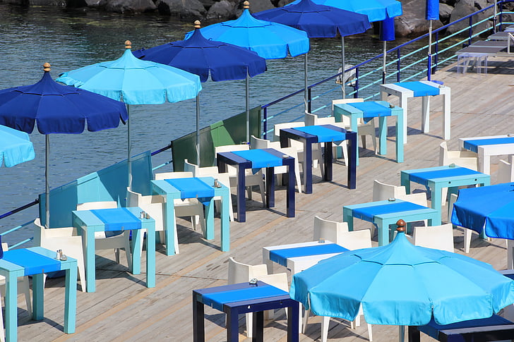 Sorrento, Beach, esernyő, kék, panoráma