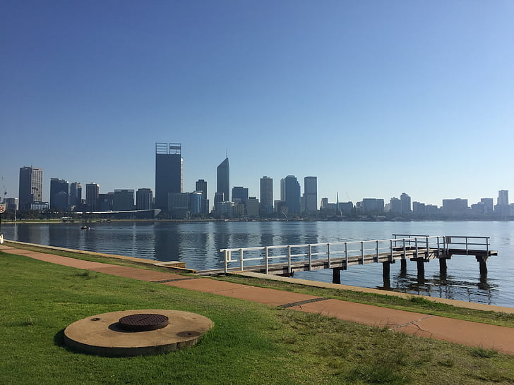 Perth, labuť, řeka, Austrálie, západní, město, Panorama