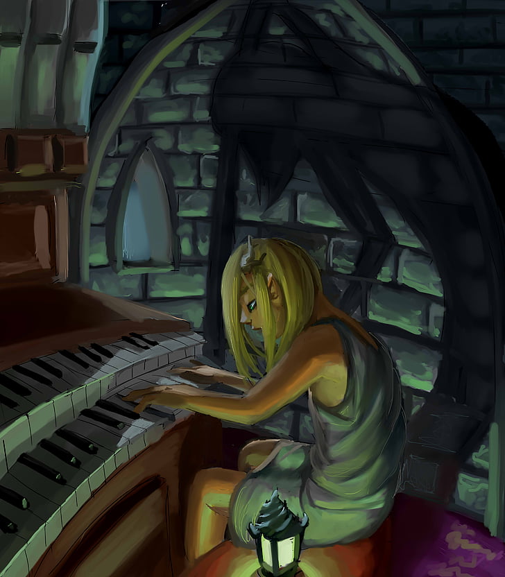 dramatic, organ, castle, girl, blonde, painting, watercolor