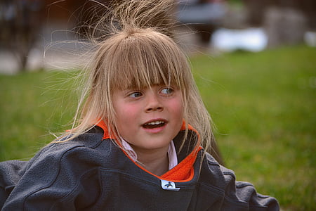 child, girl, blond, hair, wind, stick out, surprised