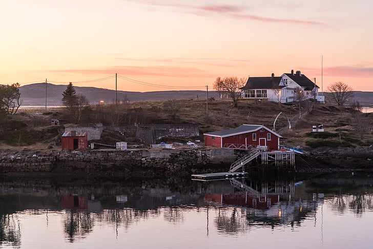 Noruega, Costa, posta de sol, arquitectura, reflexió, Escandinàvia, paisatge