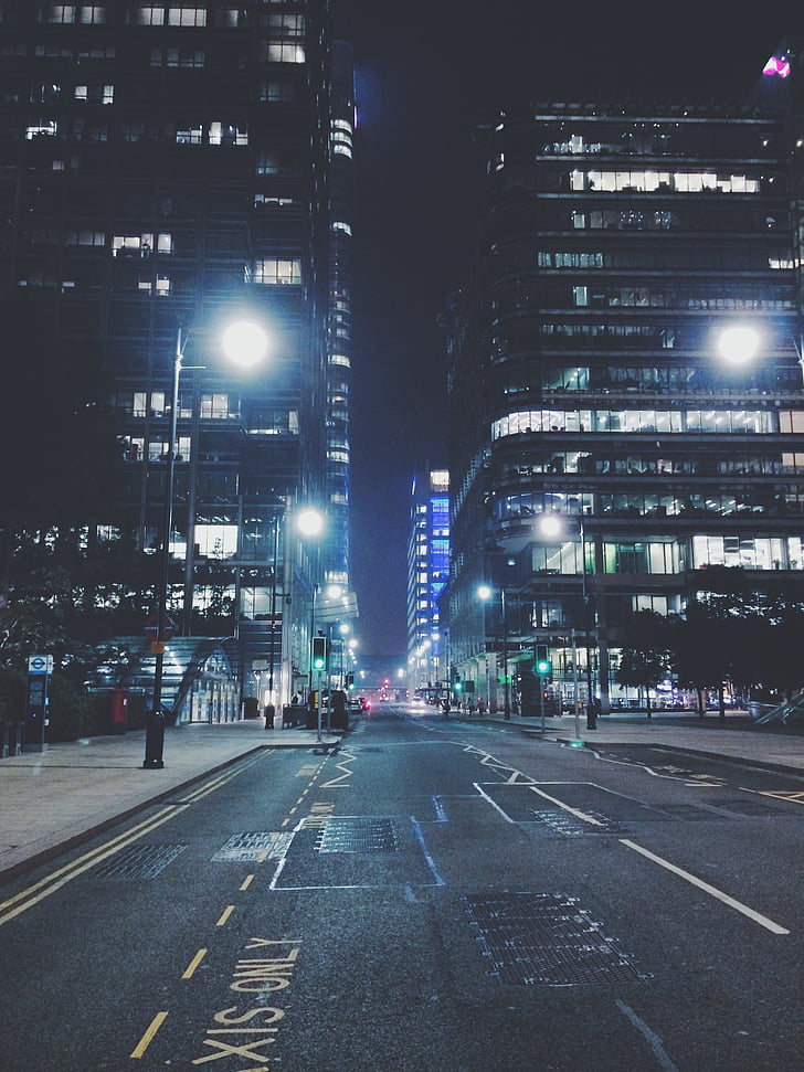 City, noapte, urban, clădiri, strada, moderne, lumini