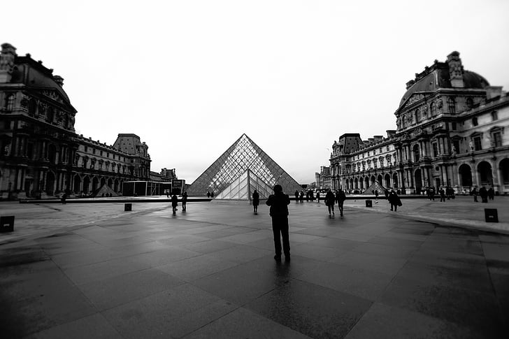 lidé, místa, orientační bod, struktura, Louvre, Muzeum, stupně šedi