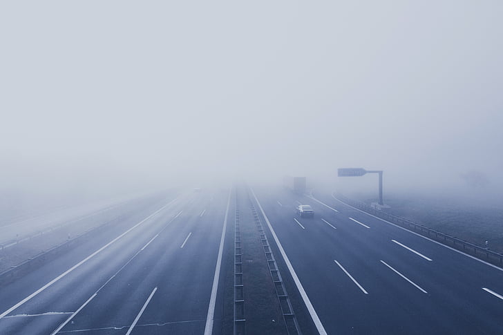 freeway, fog, vehicle, road, way, lane, car