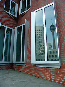 façana, façana de vidre, gratacels, reflectint, vidre, finestra de vidre, discos