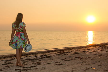 Gadis, laut, matahari terbenam, layak, gaun, model, Pantai