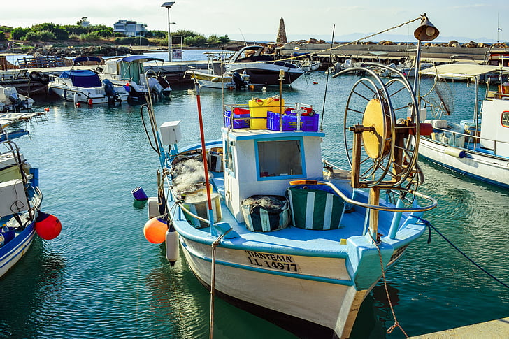 fishing harbor, boat, scenery, island, mediterranean, ayia triada, cyprus