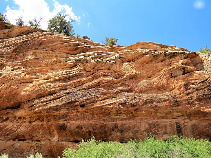 geology, red sandstone, unusual rock strata, blue sky, nature, desert, landscape