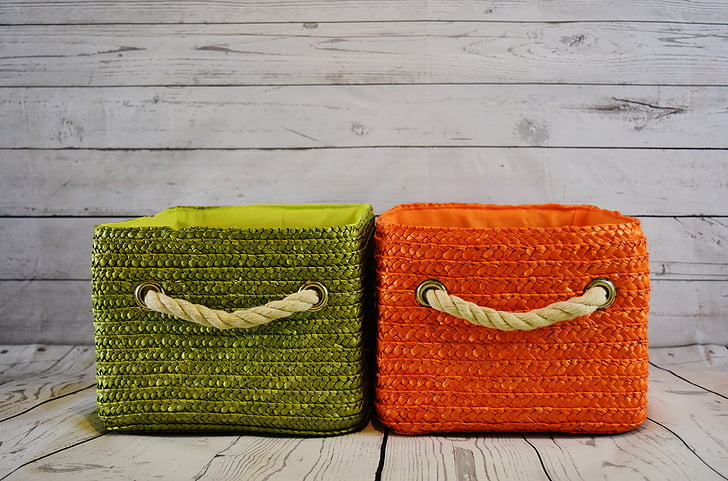baskets, storage, green, orange, basket, cord, wood - material