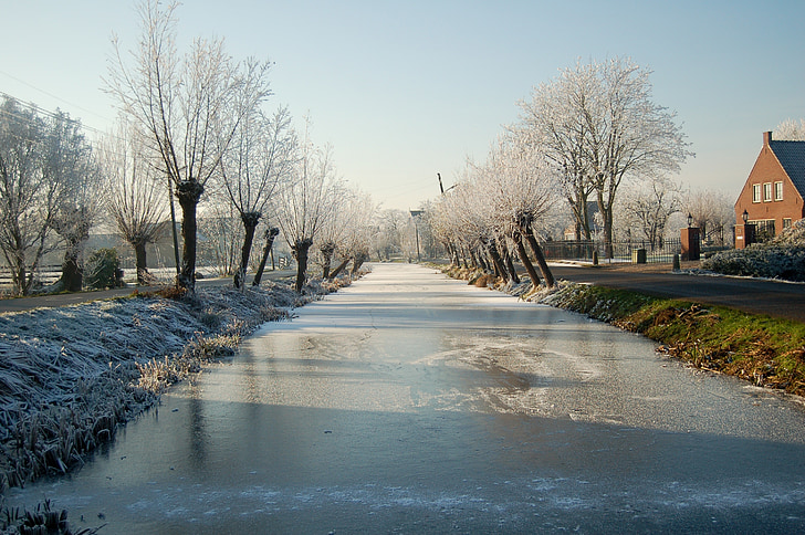 canal, bach, water running, frozen, winter, snow, wintry