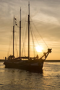 sunset, sailboat, yellow, orange, sea, reflection, dutch