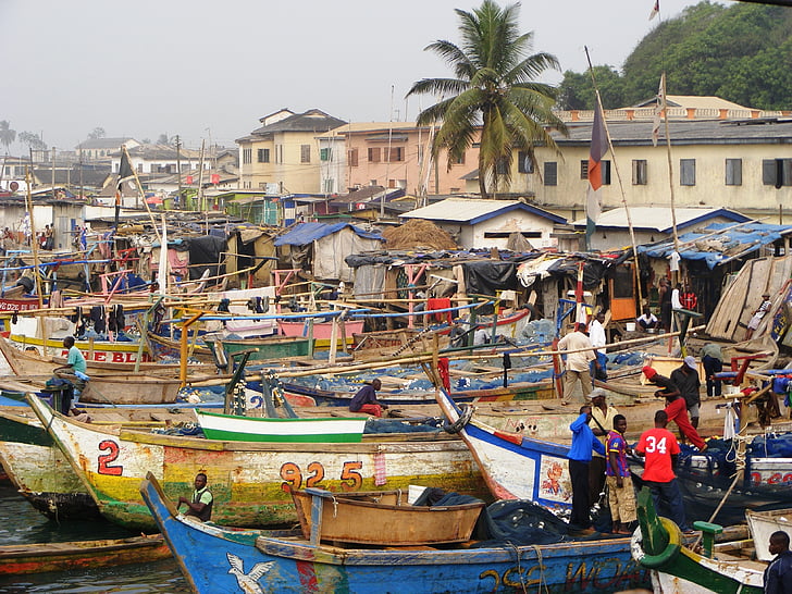 Αφρική, Αφρικανική ψαράδες, Γκάνα, Elmina, βάρκα, λιμάνι, ψάρια