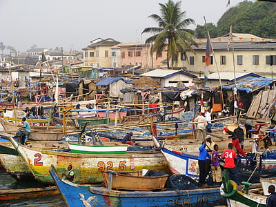 非洲, 非洲渔民, 加纳, elmina, 小船, 端口, 鱼