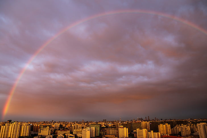 rain, rainbow, pink clouds, the urban landscape, cityscape, night, sunset