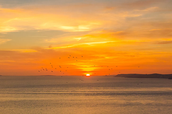 coucher de soleil, Dorset, océan, l’Angleterre, couleur orange, beauté dans la nature, scenics