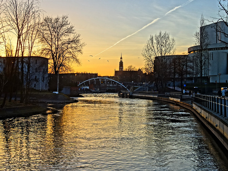 Bydgoszcz, Brda, folyó, Lengyelország, naplemente, este, víz