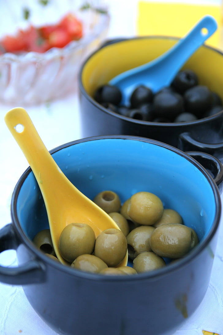 olivy, zelená, černá, hrnek, jídlo a pití, zdravé stravování, jídlo