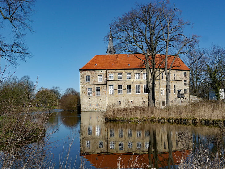 Lüdinghausen burg, Wasserburg, Münsterland, fossat, faig, reflectint, punt de referència