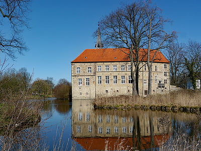 Lüdinghausen burg, Wasserburg, Münsterland, vodní příkop, buk, zrcadlení, orientační bod