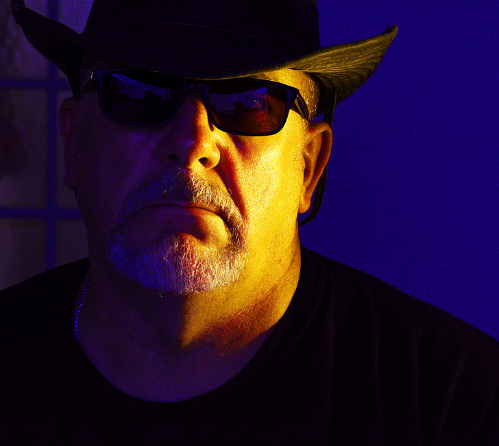 cowboy, sunglasses, shades, hat, western, side lighting, person