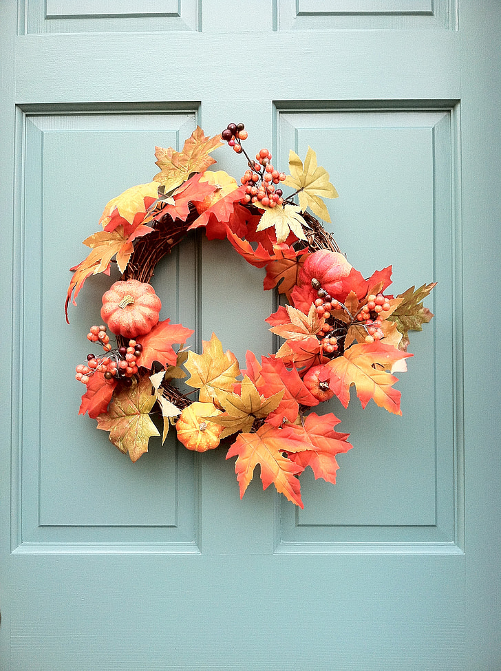 wreath, fall, orange, autumn, nature, season, decoration