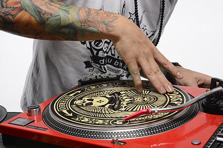 DJ, pladespiller, bunden, hip hop, kultur, hånd, tatoveringer