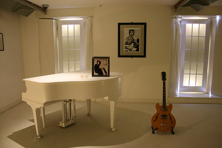john lennon, white piano, guitar, imagine, beatles story, liverpool