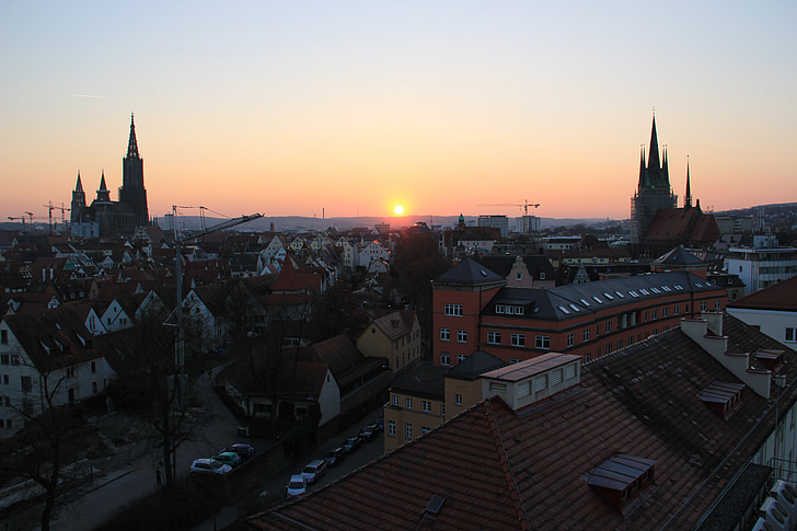 Ulm, naplemente, Münster, City view, város, nap