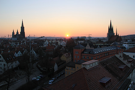 Ulm, zachód słońca, Münster, widok na miasto, Miasto, Słońce