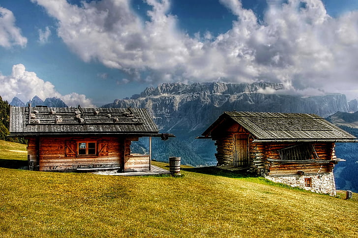 sella, dolomites, cottages, mountains, alpine, italy, south tyrol