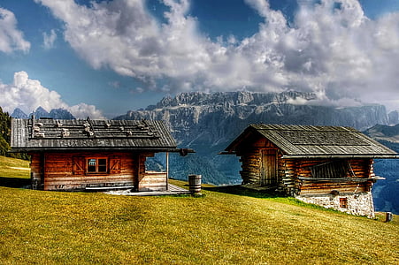 sella, dolomites, cottages, mountains, alpine, italy, south tyrol